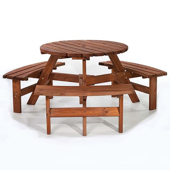 Balint Timber Picnic Table Round With Benches In Brown